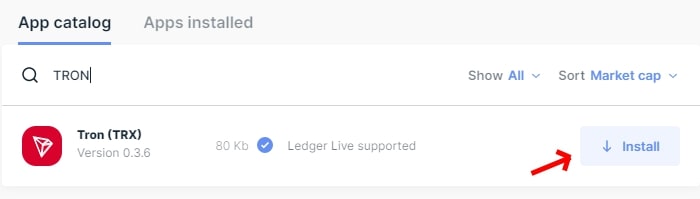 To use USDT_TRC20 on your Ledger device, you need to install the Tron (TRX) app via Ledger Live